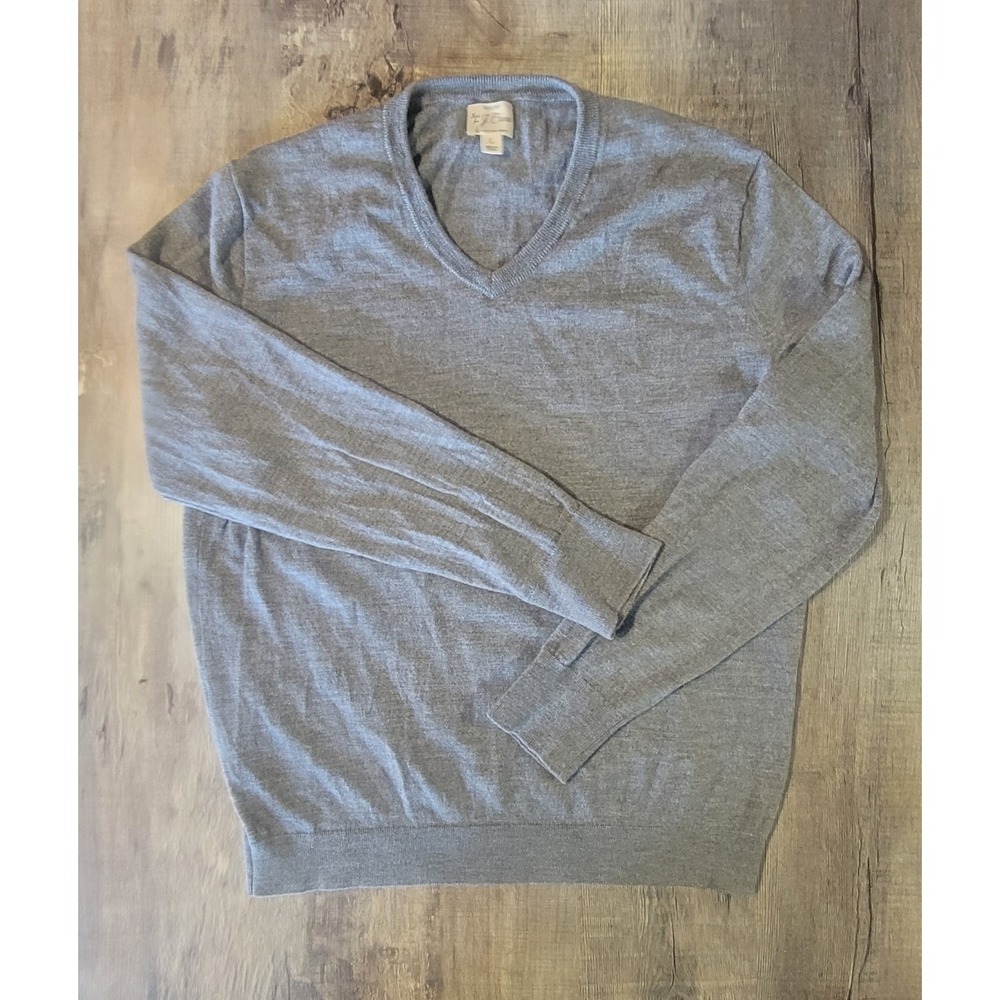 J Crew Mens Large Gray 100% Merino Wool V Neck Pullover Lightweight Sweater
